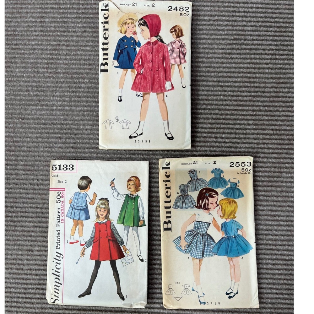 Vintage 1960s Girls 3 Sewing Patterns Lot Butterick Simplicity Size 2 Coat Dress